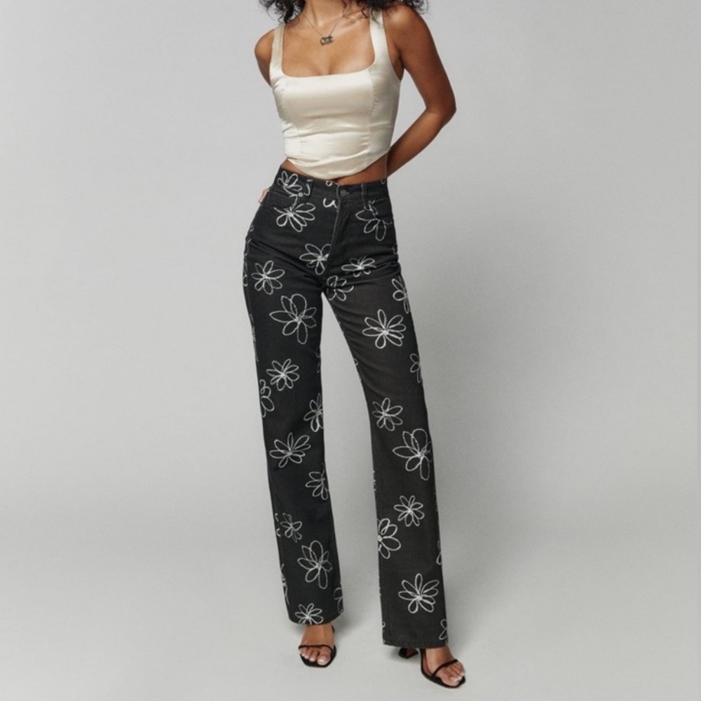 Reformation Black Floral High Waisted Straight Leg Jeans